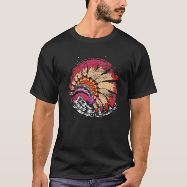 Indigenous Headdress Mountains Indian Native Ameri T-Shirt (Front)