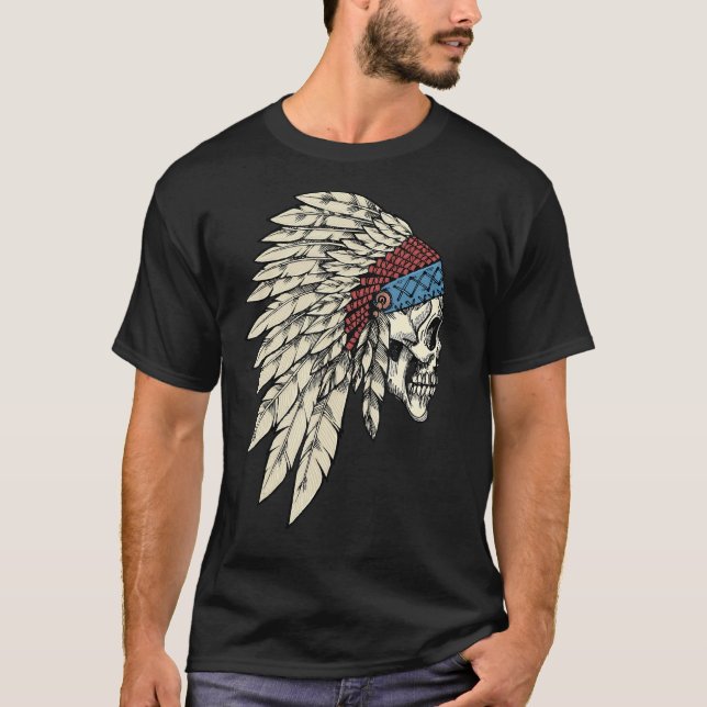 Indigenous Indian Chief Skull Native Headdress T-Shirt (Front)