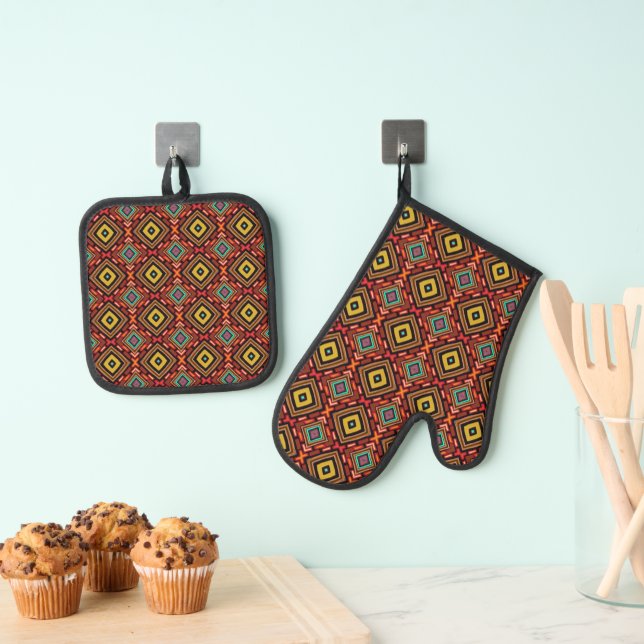 Indigenous Tribal Native Pattern Oven Mitt & Pot Holder Set (Insitu(Hanging))