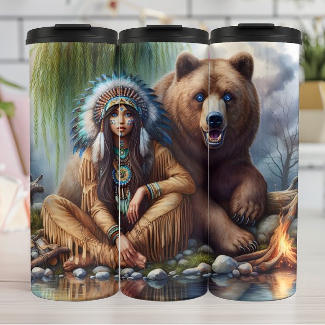  Indigenous Woman, Bear: Fierce Companion Thermal Tumbler (Creator Uploaded)