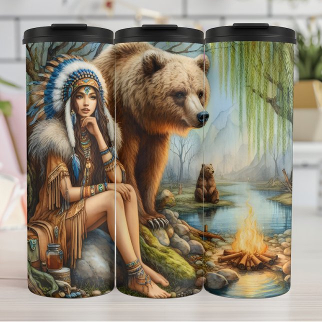 Indigenous Woman, Bear, Fire: Aussie Stream Thermal Tumbler (Creator Uploaded)
