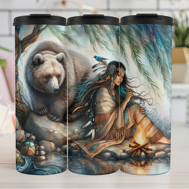 Indigenous Woman, Bear, Fire: Personalise Thermal Tumbler (Creator Uploaded)