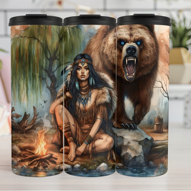 Indigenous Woman, Bear, Fire: Spirit Thermal Tumbler (Creator Uploaded)