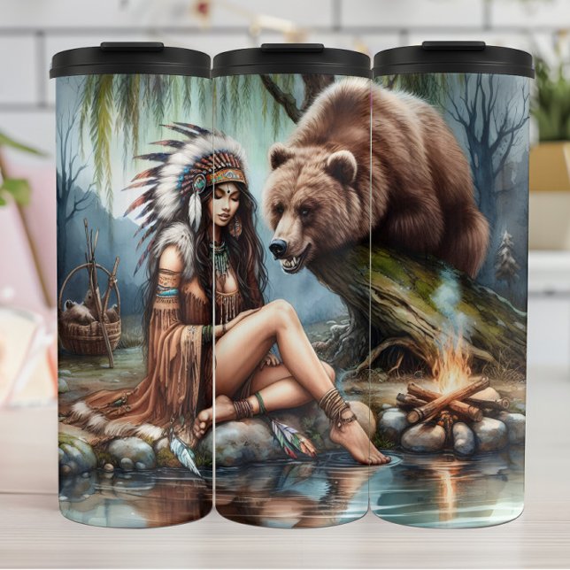 Indigenous Woman, Bear, Fire: Waterside Tranquilit Thermal Tumbler (Creator Uploaded)