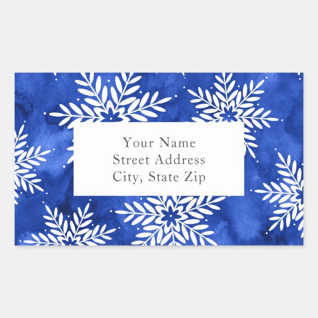 Indigo Abstract Watercolor Snowflakes Label (Front)