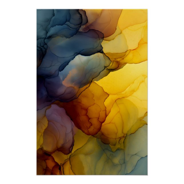 Indigo Amber Alcohol Ink Flow Abstract Poster (Front)