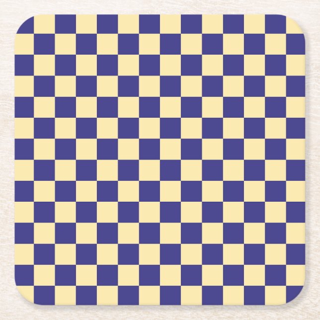 Indigo and butter checkerboard pattern square paper coaster (Front)