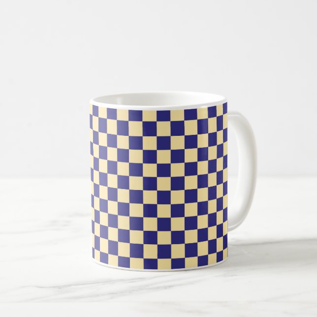 Indigo and butter chequerboard pattern coffee mug (Front Right)