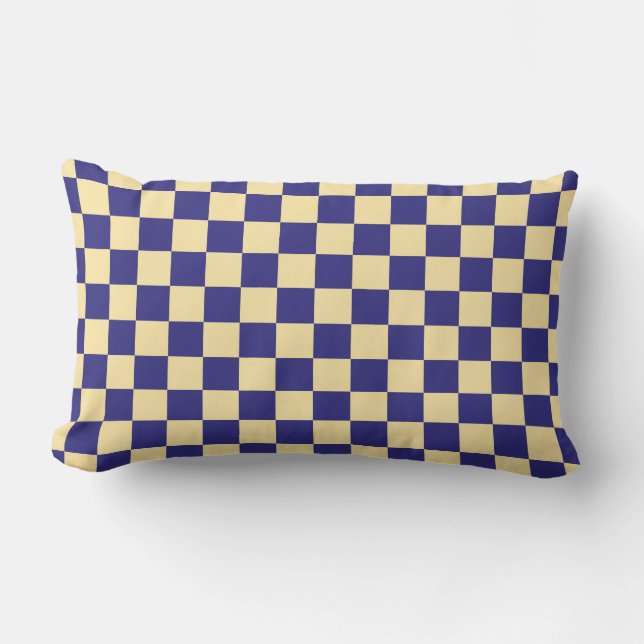 Indigo and butter chequerboard pattern lumbar cushion (Front)