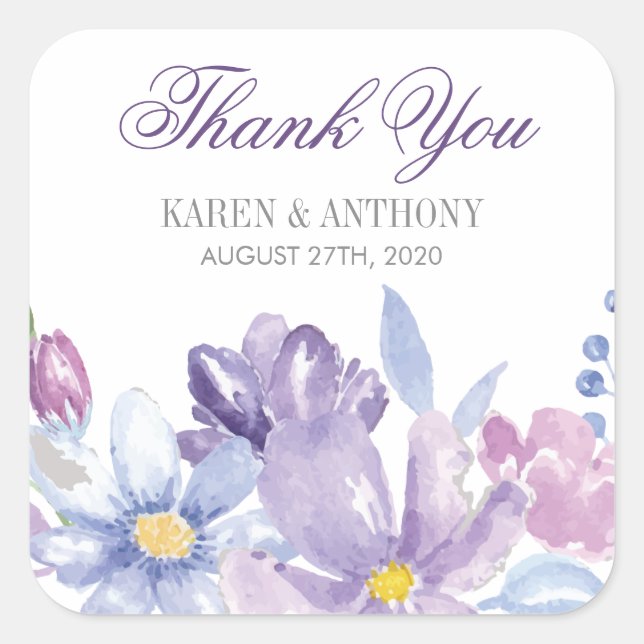 Indigo and Lavender Watercolor Flowers Wedding Square Sticker (Front)