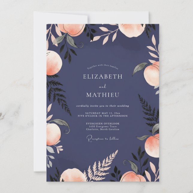 Indigo Apricot Fruit Eucalyptus Wedding Invitation (Front)