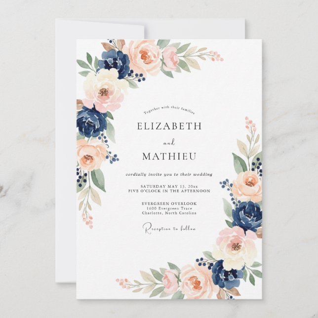 Indigo Apricot Peony Wedding Invitation (Front)