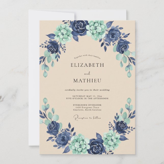 Indigo Aqua Painted Wreath Wedding Invitation (Front)