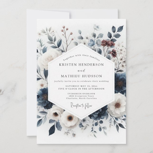 Indigo Artful Bouquet Wedding Invitation (Front)