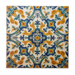 Indigo Azulejo Blue and yellow Portuguese  Tile