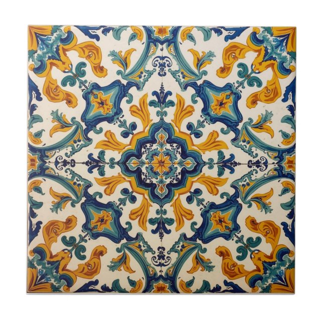 Indigo Azulejo Blue and yellow Portuguese  Tile (Front)