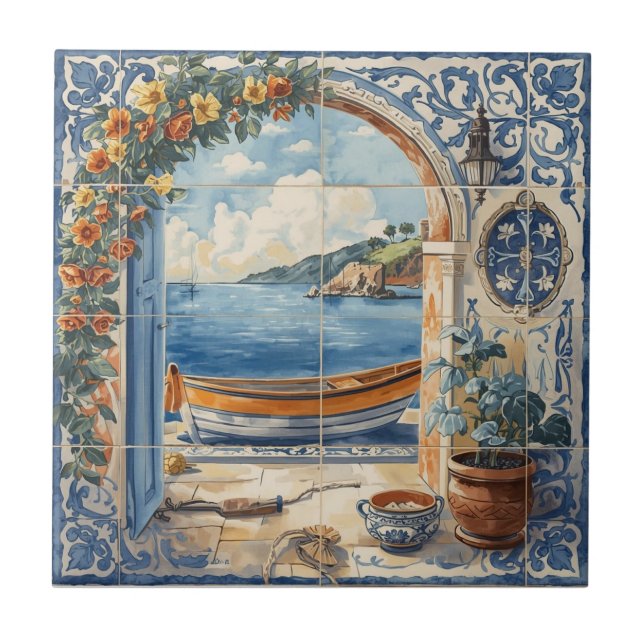 Indigo Azulejo Blue and yellow Portuguese  Tile (Front)