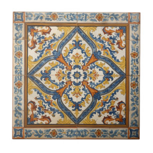 Indigo Azulejo Blue and yellow Portuguese  Tile