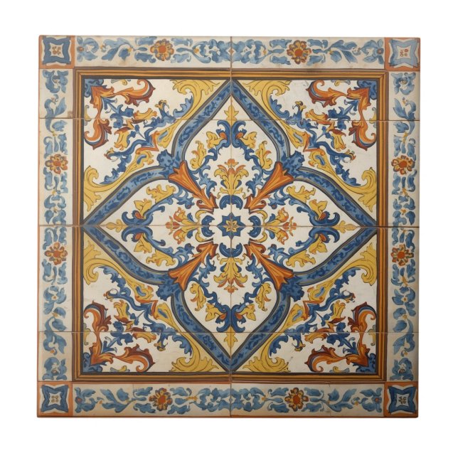 Indigo Azulejo Blue and yellow Portuguese  Tile (Front)