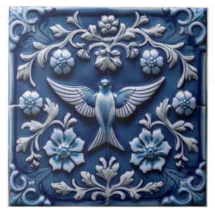 Indigo Azulejo Blue Portuguese Lisbon bird Tile
