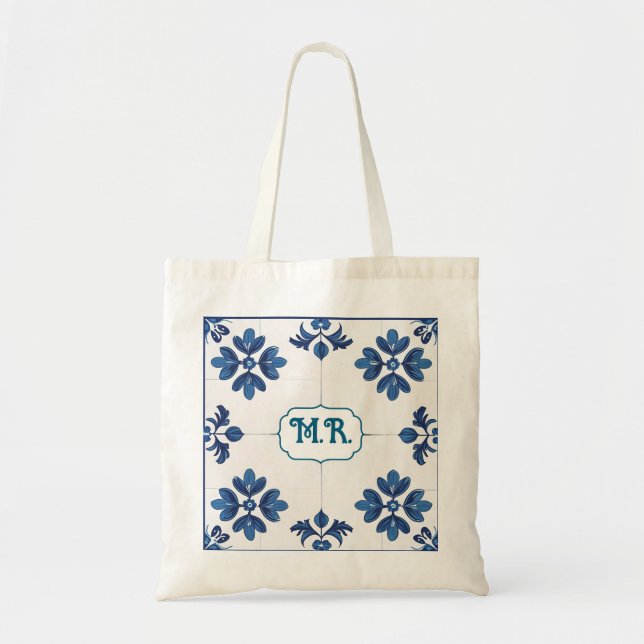 Indigo Azulejo Blue Portuguese Lisbon Monogram Tote Bag (Front)