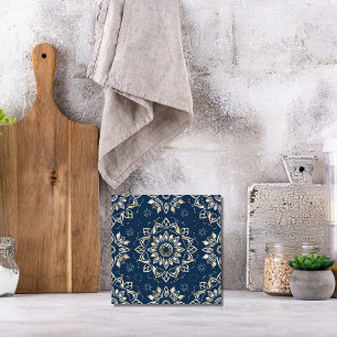 Indigo Azulejo Blue  Portuguese Mandala Decorative Tile