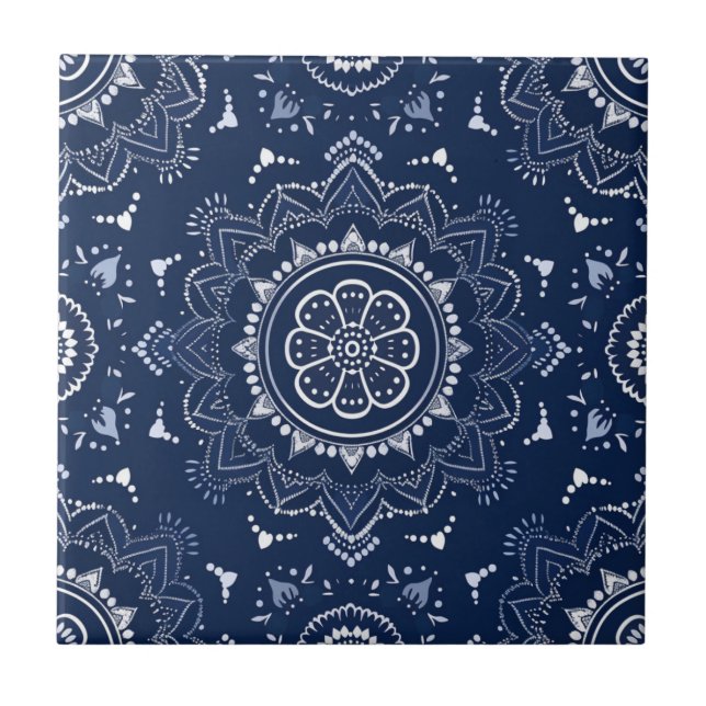 Indigo Azulejo Blue Portuguese Mandala Decorative Tile (Front)