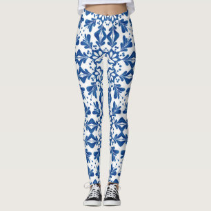 Indigo Azulejos Blue and White Pattern Tiles  Leggings