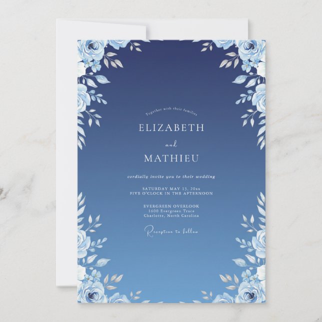 Indigo Azure Ranunculus Eucalyptus Wedding Invitation (Front)