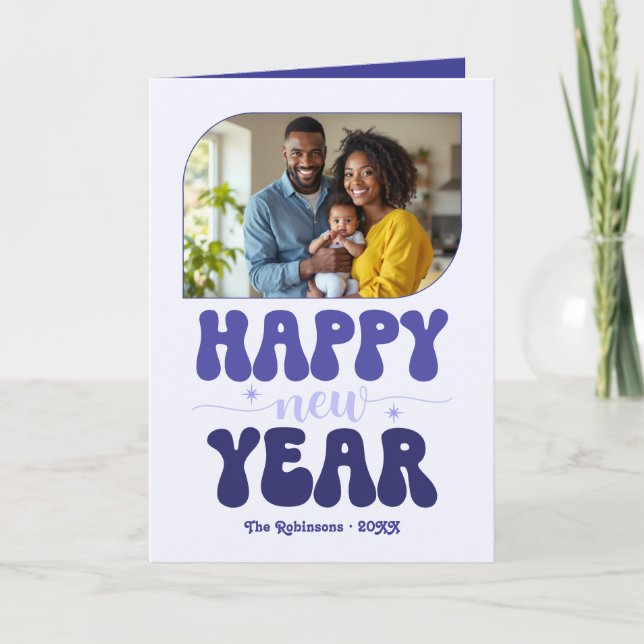 Indigo Bliss Happy New Year Retro Groovy Photo Holiday Card (Front)