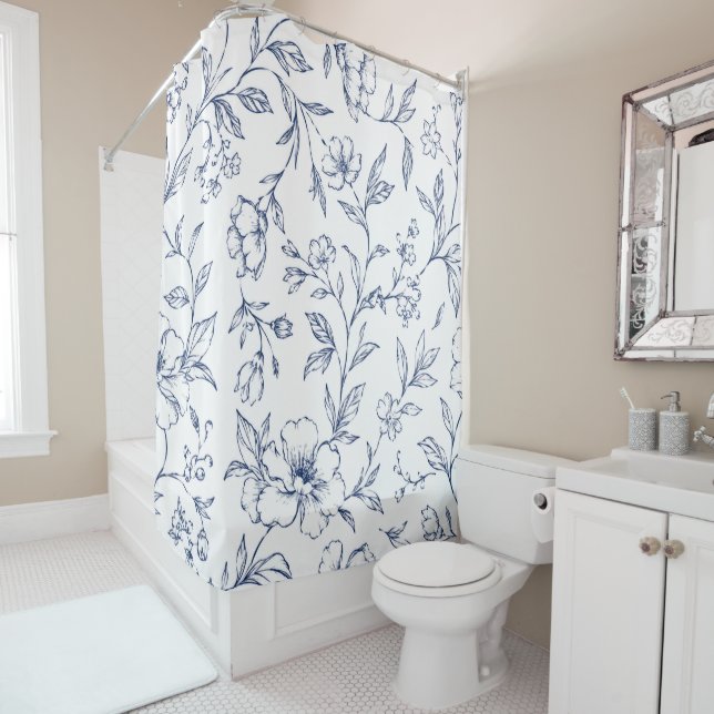 Indigo Blooms Shower Curtain (In Situ)
