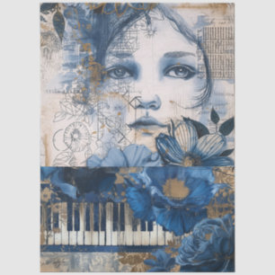 Indigo Blue Abstract Art Collage Decoupage Tissue Paper