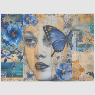 Indigo Blue Abstract Art Collage Decoupage Tissue Paper