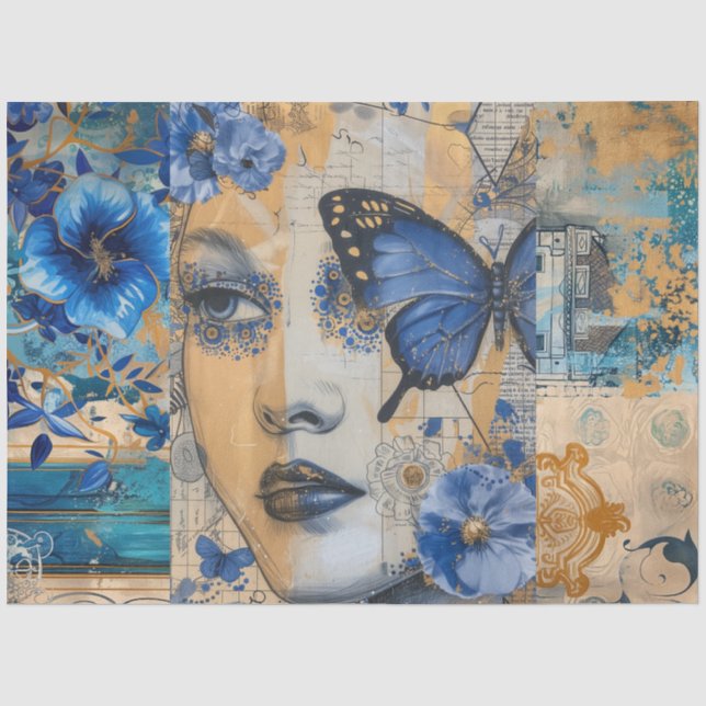 Indigo Blue Abstract Art Collage Decoupage Tissue Paper (Front)