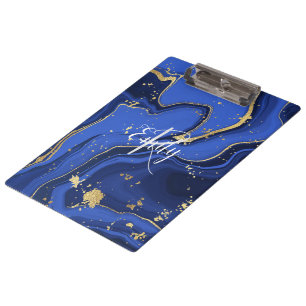 Indigo Blue Agate Marble Abstract Name Monogram  Clipboard