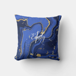 Indigo Blue Agate Marble Abstract Name Monogram Cushion