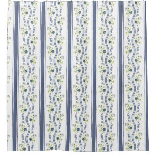 Indigo Blue and Green Flora Stripes Shower Curtain