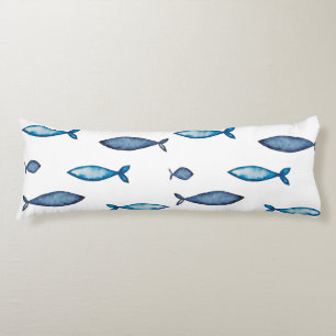 Indigo Blue and Teal Watercolor Fishes Body Cushion