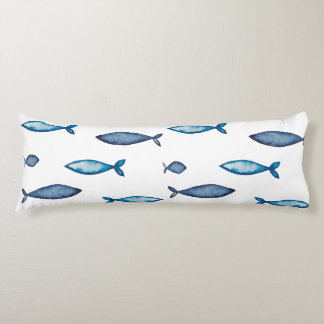Indigo Blue and Teal Watercolor Fishes Body Cushion