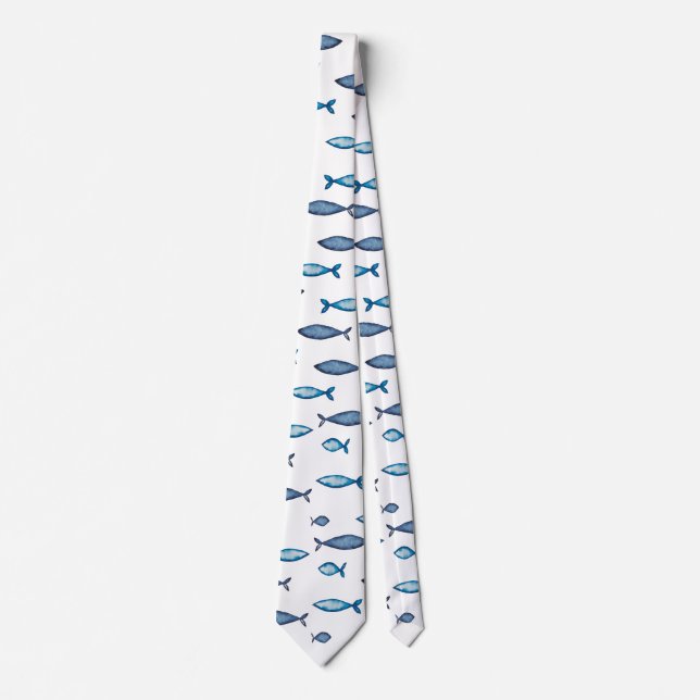 Indigo Blue and Teal Watercolor Fishes Tie (Front)