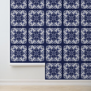 Indigo Blue and White Mediterranean Tile Pattern  Wallpaper