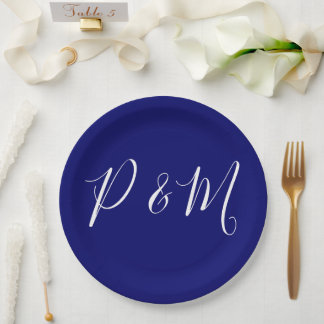 Indigo Blue and White Minimalist Wedding Paper Plate