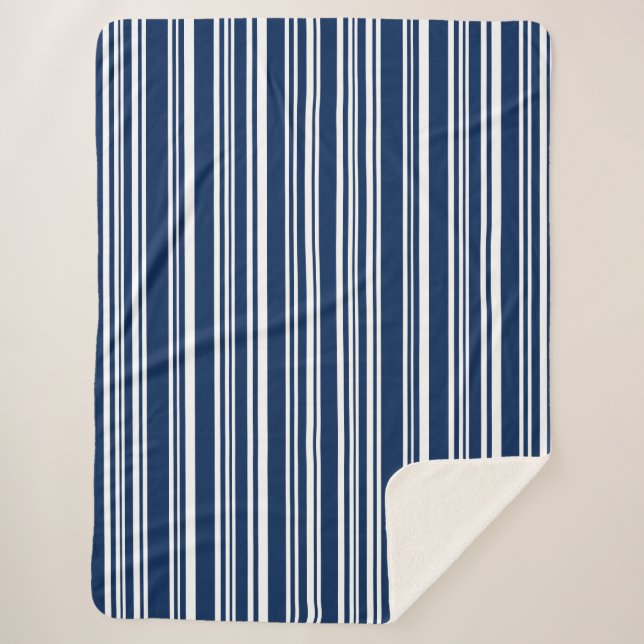 Indigo Blue and White Modern Stripes Sherpa Blanket (Front)