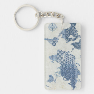 Indigo Blue Batik Map of the World Key Ring