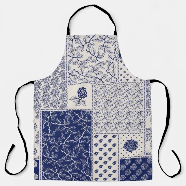 Indigo Blue Beige Floral Patchwork Apron (Front)