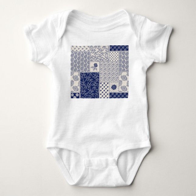 Indigo Blue Beige Floral Patchwork Baby Bodysuit (Front)