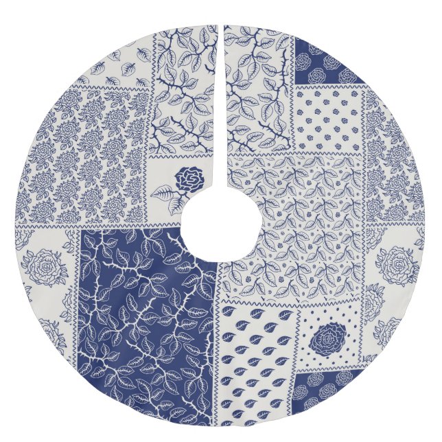 Indigo Blue Beige Floral Patchwork Brushed Polyester Tree Skirt (Front)