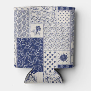 Indigo Blue Beige Floral Patchwork Can Cooler