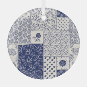 Indigo Blue Beige Floral Patchwork Glass Tree Decoration