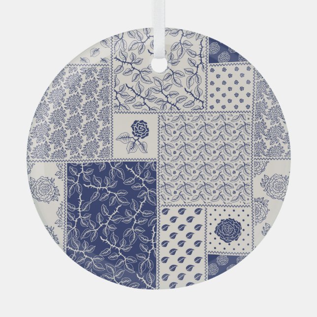 Indigo Blue Beige Floral Patchwork Glass Tree Decoration (Front)